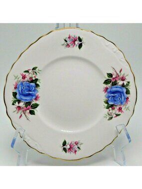 Royal Vale Bone China Cake Plate Blue Roses Gold Trim 9.5" England